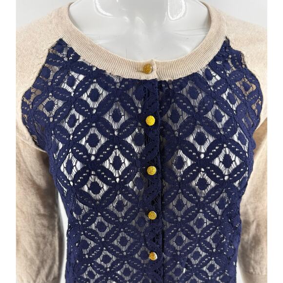 Camellia Cardigan Sweater Womens Size Medium Navy Blue Tan Lace Semi Sheer Front - Picture 2 of 6